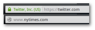 Firefox url bar for HTTPS site (above) and non-HTTPS (below).