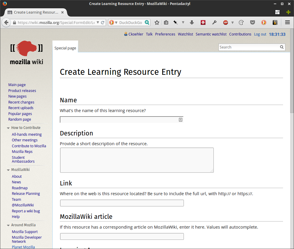 Prototype of Learning Resource entry creation form.