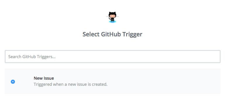 Screen capture of selecting "new issue" as GitHub trigger.