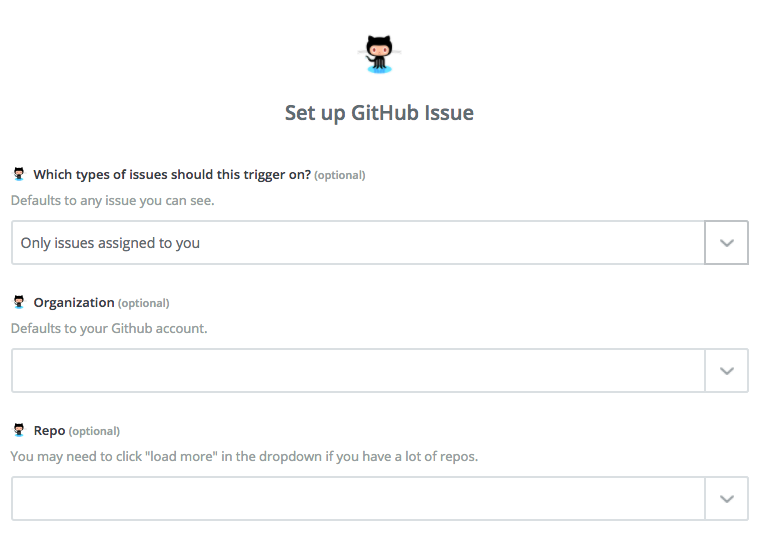 Screen capture of setting up GitHub issue trigger according to your preferences.