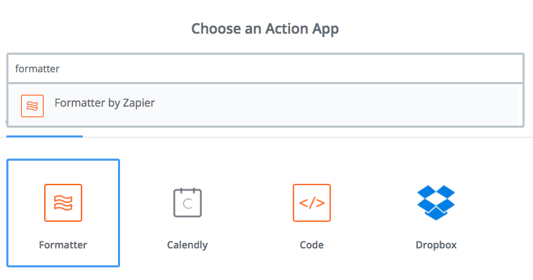 Screen capture of selecting step 2 app as Formatter by Zapier