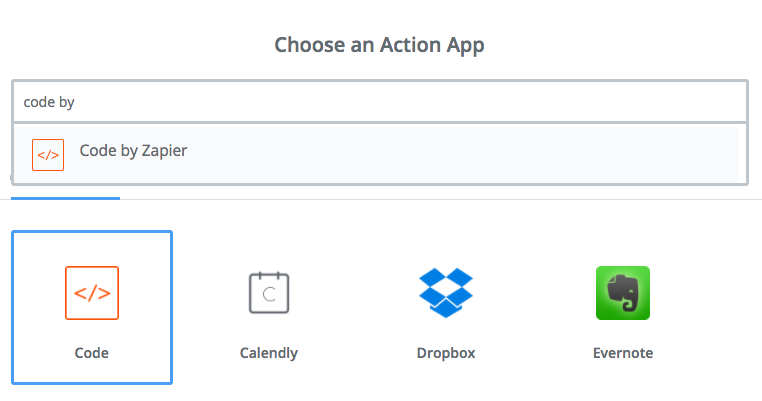For Step 3, select the Code by Zapier app.