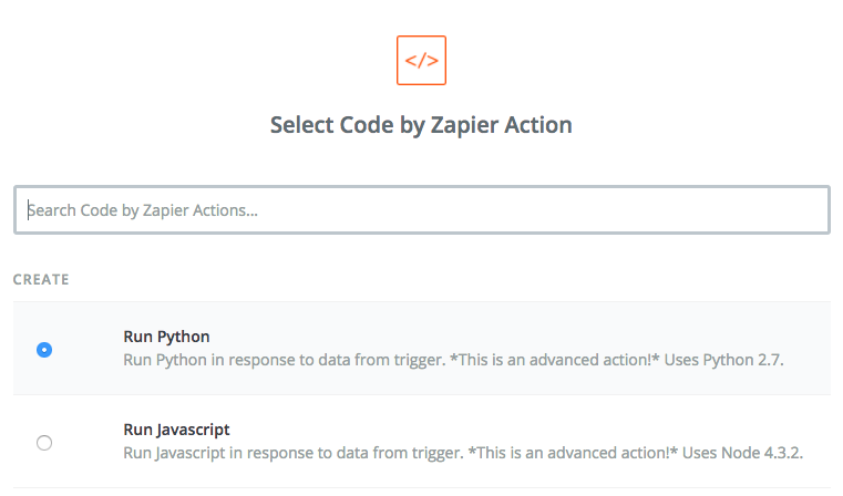 Select Run Python as Code by Zapier action.