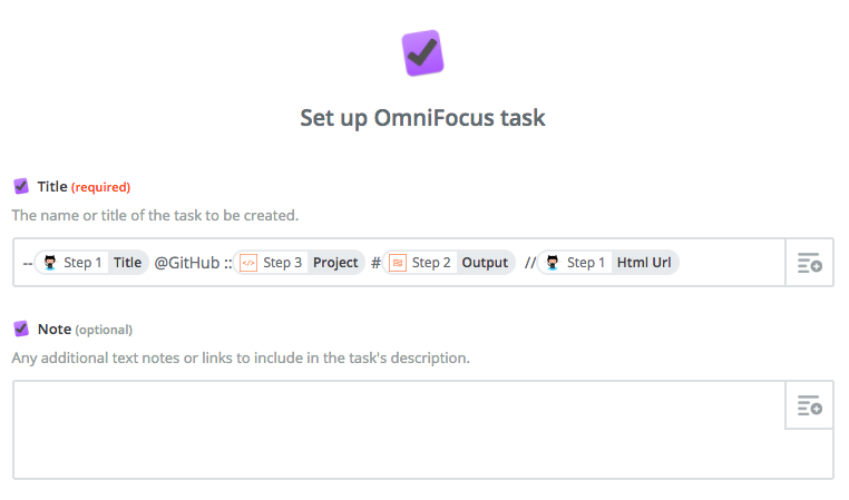 Configure create task omnifocus action.