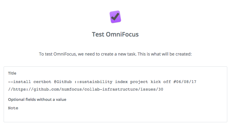 Test create task OmniFocus action.