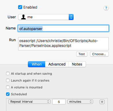 Lingon settings for scheduling ParseInbox script.